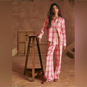 Sezane Pantalon Theophile Maxi Vichy Ecru Rose Plaid Wide Leg Linen Pants US 2